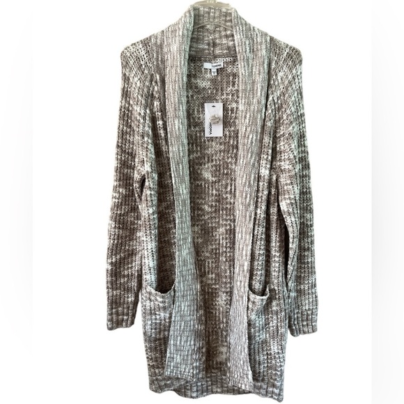 NWT Sonoma Super Soft Cardigan Longer Tan and Cream Size Medium Front Pockets - Picture 1 of 15